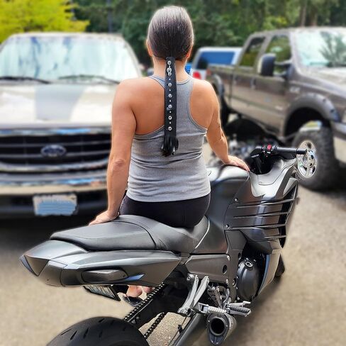 Black 11" inch Leather Ponytail Hair Wrap for Long Hair - HANDMADE Motorcycle Hair Protector for Women | Jeweled Genuine Leather Motorcycle Ponytail Holder Hair Accessories | Biker Gear MADE IN USA in Saudi Arabia
