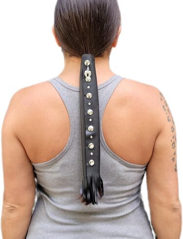 Black 11" inch Leather Ponytail Hair Wrap for Long Hair - HANDMADE Motorcycle Hair Protector for Women | Jeweled Genuine Leather Motorcycle Ponytail Holder Hair Accessories | Biker Gear MADE IN USA in Saudi Arabia