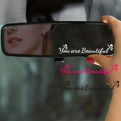 Worximmii 3×You Are Beautiful Rearview Mirror Decal,Butterfly Vanity Mirror Stickers,Rear View Mirror Vinyl Decal, Car Accessories Decal,Car Decal Gifts For Women, Self-adhensive Decal(All 3 Colors) in Kuwait