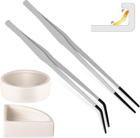 Ziliny 2 Pcs Reptile Feeding Tongs Stainless Steel Long Handle Tweezers Straight and Bent Rubber Tipped Tweezers with 2 Pcs Reptile Food Dish Bowl Terrarium Feeder Tools for Gecko Snake (10'', 10.5'') in Saudi Arabia