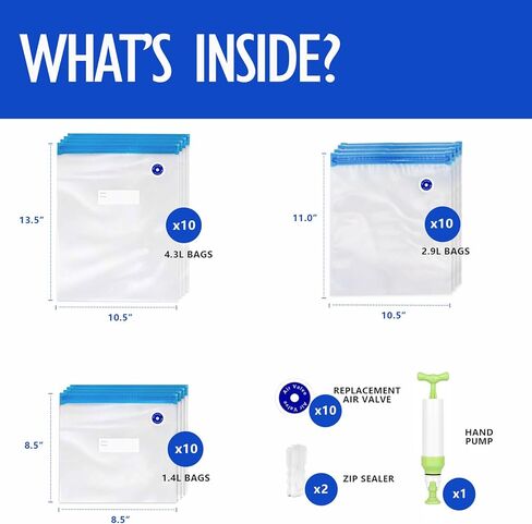 أكياس VICARKO Sous Vide قابلة لإعادة الاستخدام، 3 أحجام - 30 عبوة مع مضخة يدوية، ومشابك إغلاق للطهي وتخزين الطعام in Kuwait