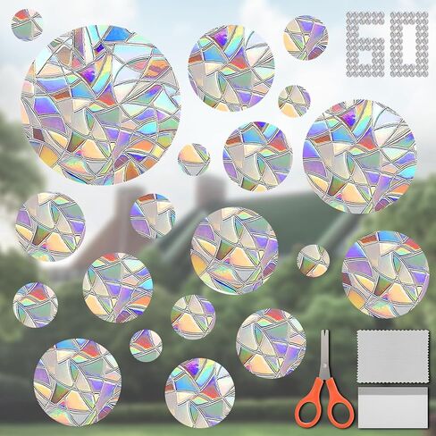 XLDLQU Window Clings for Bird Strikes,60 Pieces Circle Rainbow Window Decals,Non Adhesive Window Rianbiow Stickers Suncatcher Stop Birds from Hitting Glass Windows (60PCS) in Saudi Arabia