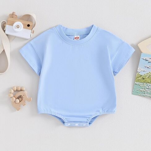 ملابس BeQeuewll لحديثي الولادة من الأولاد والبنات ملابس صيفية رومبير فقاعي بأكمام قصيرة سادة ملابس للرضع للجنسين in Kuwait