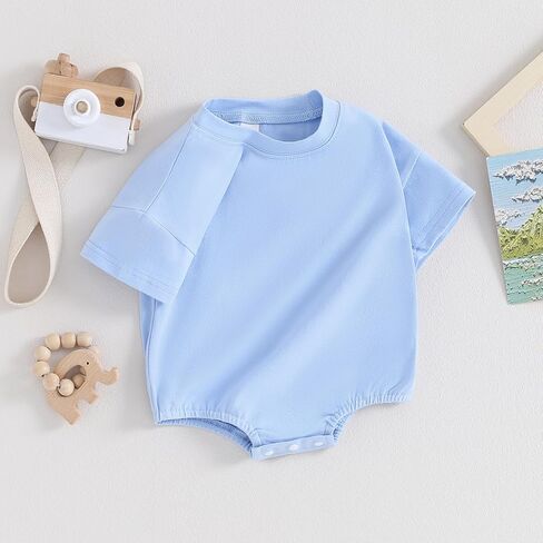 ملابس BeQeuewll لحديثي الولادة من الأولاد والبنات ملابس صيفية رومبير فقاعي بأكمام قصيرة سادة ملابس للرضع للجنسين in Kuwait