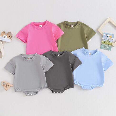 ملابس BeQeuewll لحديثي الولادة من الأولاد والبنات ملابس صيفية رومبير فقاعي بأكمام قصيرة سادة ملابس للرضع للجنسين in Kuwait