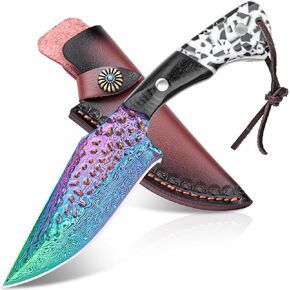 سكين صيد دمشقي مقاس 4.2 بوصة مع غمد جلدي - طلاء تيتانيوم قوس قزح، فولاذ ألماني عالي الكربون، مقبض خشبي ثنائي اللون، سكين خارجي EDC in Kuwait