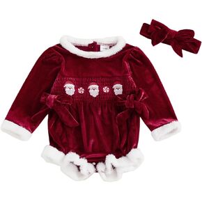 Baby Girl Christmas Velvet Bodysuit Santa Candy Cane Embroidery Fur Trim Smocked Romper with Headband Holiday Outfit in Kuwait