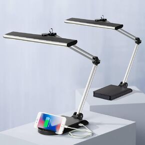 360 إضاءة فلين 25 بوصة مصابيح مكتبية حديثة عالية مجموعة من 2 منفذ USB قابل للتعديل LED أسود فضي معدني الظل المنزل مكتب غرفة المعيشة شحن غرفة النوم بجانب السرير منضدة المنزل قراءة مدخل المطبخ in Kuwait