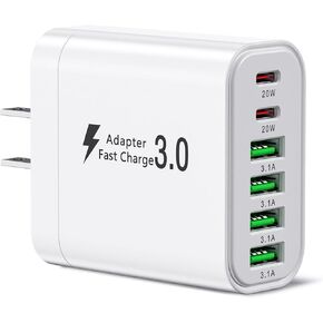 كتلة شاحن حائط USB، 52 وات 6 منافذ (2USBC+4USBA) كتلة شحن سريعة، قابس حائط USBC متعدد المنافذ لهاتف iPhone 17/16/15/14/13/12، Samsung S25/S24/S23، محول طاقة عالمي in Kuwait