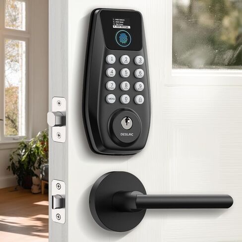 DESLOC C110 قفل باب دخول بدون مفتاح مع مجموعة مقبض وشاشة عرض (شاشة ذكية)، أقفال باب بصمة الإصبع، قفل لوحة المفاتيح، قفل تلقائي، مفاتيح بإضاءة خلفية، وضع المرور، IP54 مقاوم للماء - أسود in Kuwait