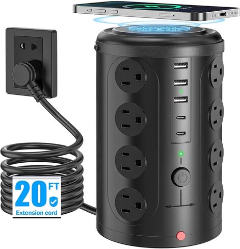 Tower Power Strip with 1 Dedicated PD 20W Fast-Charging Port, 12 Outlets, 5 USB Ports (3 USB-C), 1800J Protector, Desk Charging Station for Multiple Devices, 6FT Extension Cord, Home Office Essentials in Saudi Arabia
