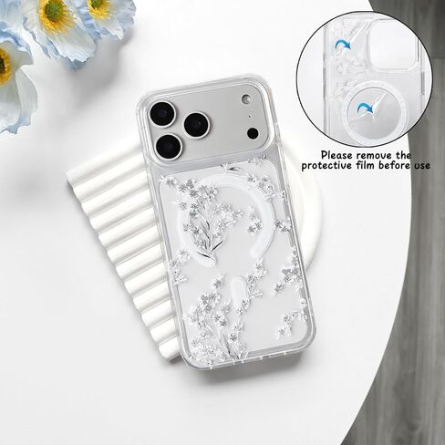 NITITOP متوافق مع هاتف iPhone 17 Pro Max، جراب مغناطيسي شفاف لطيف متوافق مع MagSafe، زهور لطيفة وأوراق زهور للنساء والفتيات، غطاء هاتف واقٍ مضاد للصدمات من الخلف - أبيض in Kuwait
