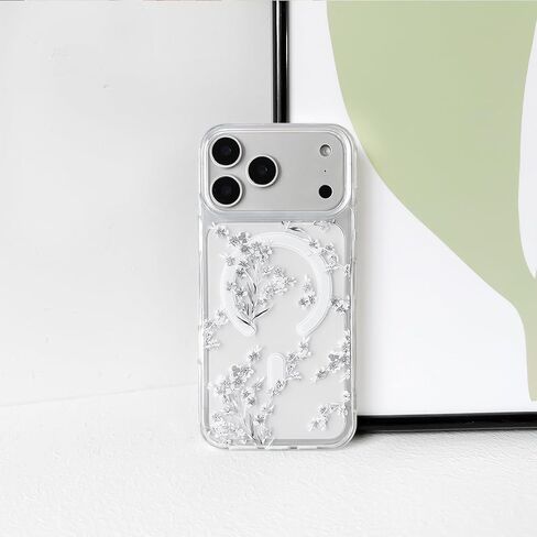 NITITOP متوافق مع هاتف iPhone 17 Pro Max، جراب مغناطيسي شفاف لطيف متوافق مع MagSafe، زهور لطيفة وأوراق زهور للنساء والفتيات، غطاء هاتف واقٍ مضاد للصدمات من الخلف - أبيض in Kuwait