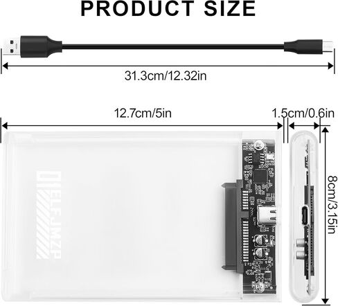 Transparent 2.5" HDD/SSD Enclosure, USB3.0 Type-C 5Gbps High-Speed, Max 6TB Capacity, EU Plug and Play for PC/TV/Car Audio in Saudi Arabia