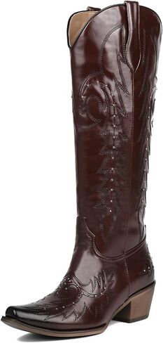 Meefit Brown Embroidered Cowboy Boots for Women Knee High Cowgirl Western Boots,Square Snip Toe Country Boot Tall Shoes(Brown-01,US8) in Saudi Arabia