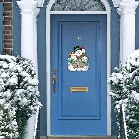 Winter Time Snowman Blue Front Door Sign, Cardinal Red Bird Wood Door Hanger Outdoor Outside Porch Decor, Christmas Seasonal Wooden Wreath Indoor Wall Hanging Decoration in Saudi Arabia