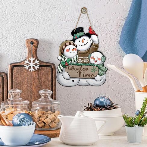 Winter Time Snowman Blue Front Door Sign, Cardinal Red Bird Wood Door Hanger Outdoor Outside Porch Decor, Christmas Seasonal Wooden Wreath Indoor Wall Hanging Decoration in Saudi Arabia