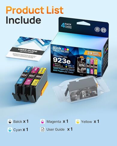 E-Z Ink 923 Ink cartridges for HP Printers Replacement for hp 923e 923xl Ink cartridges Combo Pack for hp officejet pro 8125e 8135e 81030e 8138e 8139e 8122e Printers(4 Pack 923e Ink with Chip) in Kuwait