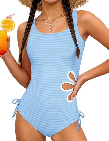 KANGKANG Girls Swimsuit Solid Color Cut Out One Piece Bathing Suit with Chest Pad Adjustable Strap Round Neck Girls' Swimwear in Kuwait