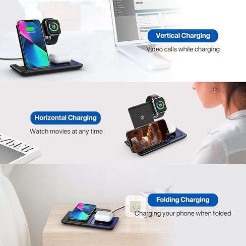 3 in 1 Wireless Charging Station Compatible with iPhone, Samsung, and AirPods – Foldable Wireless Charger Stand for Smart Watch – Desk & Travel Charging Dock in Saudi Arabia