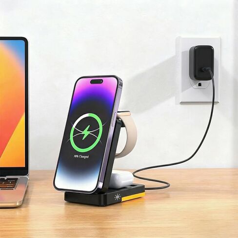 Wireless Charger 3 in 1, 15W Travel Charger for Apple Multi Devices, Foldable Magnetic Wireless Charger Stand for iPhone 16 15 14 13 12 Series Apple Watch AirPods (Black) in Saudi Arabia