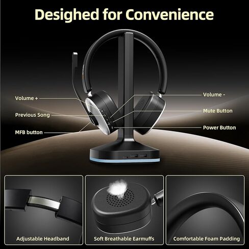 Wantek Wireless Bluetooth Headset with Charging Dock – 2-in-1 USB Dongle/Bluetooth Connection, Noise Canceling Mic for Office/Work/Travel in Saudi Arabia