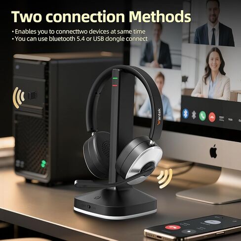 Wantek Wireless Bluetooth Headset with Charging Dock – 2-in-1 USB Dongle/Bluetooth Connection, Noise Canceling Mic for Office/Work/Travel in Saudi Arabia