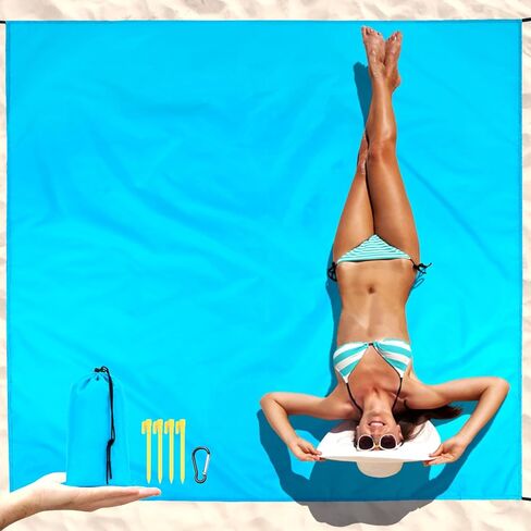 Beach Blanket Sandproof Waterproof, Compact Pocket Picnic Blanket, Quick-Drying Lightweight Beach Mat Camping Tarp with Corner Pockets & Stakes for Hiking, Festivals, Outdoor Recreation in Kuwait