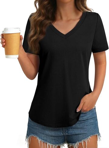 Womens T Shirts V Neck Short Sleeve Cotton Tops Summer Curved Hem Trendy Basic Tee Shirt S-XXL in Saudi Arabia