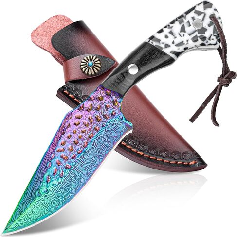 سكين صيد دمشقي مقاس 4.2 بوصة مع غمد جلدي - طلاء تيتانيوم قوس قزح، فولاذ ألماني عالي الكربون، مقبض خشبي ثنائي اللون، سكين خارجي EDC in Kuwait