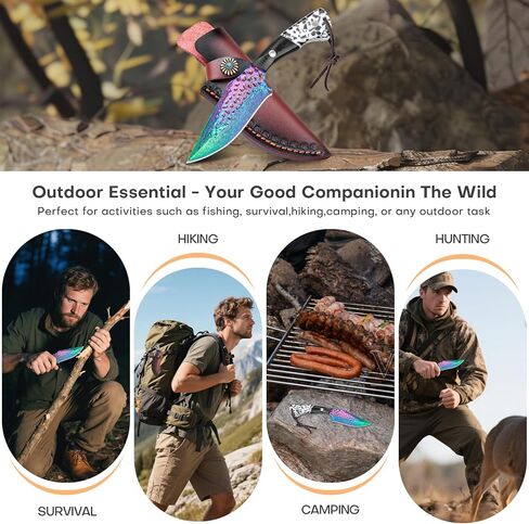 سكين صيد دمشقي مقاس 4.2 بوصة مع غمد جلدي - طلاء تيتانيوم قوس قزح، فولاذ ألماني عالي الكربون، مقبض خشبي ثنائي اللون، سكين خارجي EDC in Kuwait