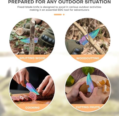 سكين صيد دمشقي مقاس 4.2 بوصة مع غمد جلدي - طلاء تيتانيوم قوس قزح، فولاذ ألماني عالي الكربون، مقبض خشبي ثنائي اللون، سكين خارجي EDC in Kuwait