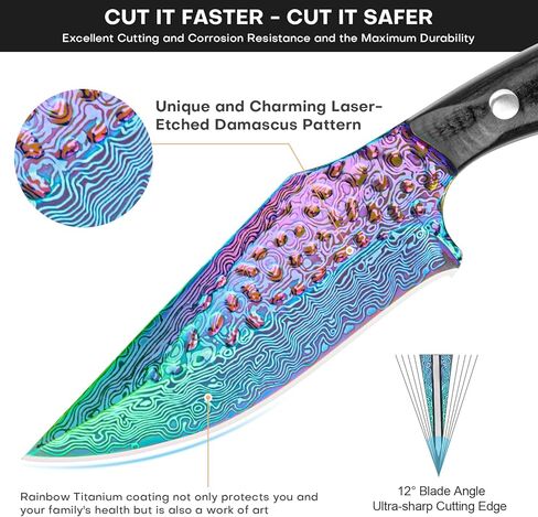 سكين صيد دمشقي مقاس 4.2 بوصة مع غمد جلدي - طلاء تيتانيوم قوس قزح، فولاذ ألماني عالي الكربون، مقبض خشبي ثنائي اللون، سكين خارجي EDC in Kuwait