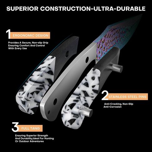 سكين صيد دمشقي مقاس 4.2 بوصة مع غمد جلدي - طلاء تيتانيوم قوس قزح، فولاذ ألماني عالي الكربون، مقبض خشبي ثنائي اللون، سكين خارجي EDC in Kuwait