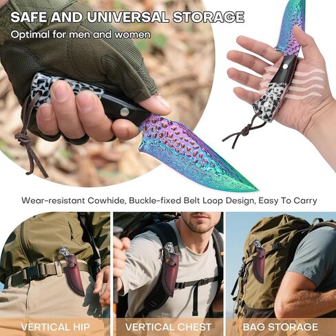 سكين صيد دمشقي مقاس 4.2 بوصة مع غمد جلدي - طلاء تيتانيوم قوس قزح، فولاذ ألماني عالي الكربون، مقبض خشبي ثنائي اللون، سكين خارجي EDC in Kuwait