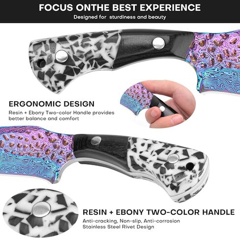 سكين صيد دمشقي مقاس 4.2 بوصة مع غمد جلدي - طلاء تيتانيوم قوس قزح، فولاذ ألماني عالي الكربون، مقبض خشبي ثنائي اللون، سكين خارجي EDC in Kuwait