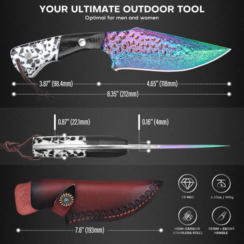 سكين صيد دمشقي مقاس 4.2 بوصة مع غمد جلدي - طلاء تيتانيوم قوس قزح، فولاذ ألماني عالي الكربون، مقبض خشبي ثنائي اللون، سكين خارجي EDC in Kuwait