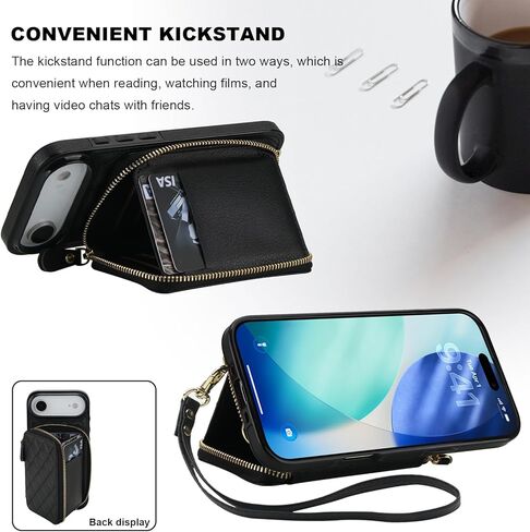 Bocasal Crossbody Wallet Case for iPhone 17 Air, RFID Blocking PU Leather Zipper Handbag Purse Flip Cover, Kickstand Folio Case with Card Slots Holder Wrist Strap Lanyard 5G 6.5 Inch (Black) in Saudi Arabia