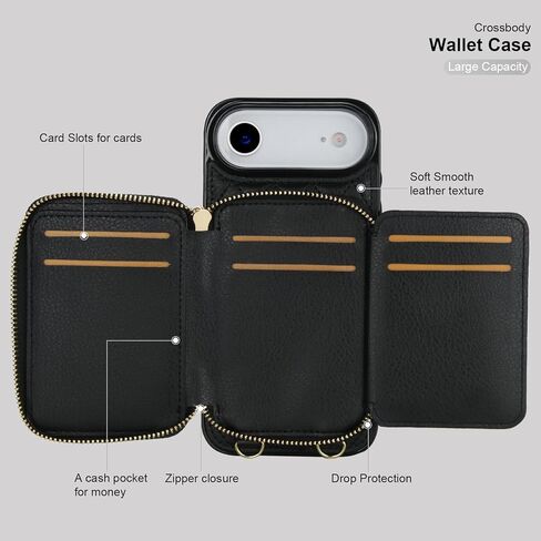 Bocasal Crossbody Wallet Case for iPhone 17 Air, RFID Blocking PU Leather Zipper Handbag Purse Flip Cover, Kickstand Folio Case with Card Slots Holder Wrist Strap Lanyard 5G 6.5 Inch (Black) in Saudi Arabia
