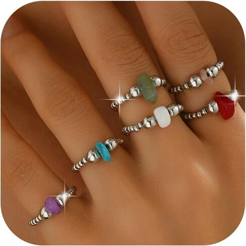 10 قطع من حلقات الخرز للنساء، مجموعة خواتم مفصلية قابلة للتكديس من خرز الأرز الملون العتيق، سلسلة مطرزة بوهيمية لطيفة بحلقة إصبع مرنة مجوهرات مصنوعة يدويًا in Kuwait