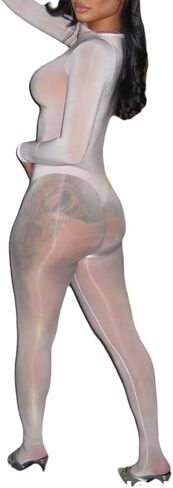 Wuitrie Women's Fall Silky Sheer Mesh Jumpsuit Solid Black Long Sleeve Bodycon Layering Pants Bodysuit Night Sexy Clubwear in Saudi Arabia