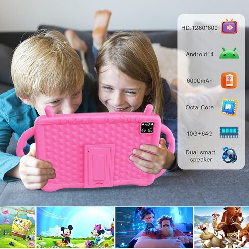 تابلت للأطفال مقاس 10 بوصات يعمل بنظام Android 14 مع غطاء بمقبض مقاوم للصدمات، ثماني النواة 10 جيجابايت + 64 جيجابايت، شاشة عالية الدقة 1280 × 800، أدوات تحكم أبوية، بطارية 6000 مللي أمبير في الساعة، واي فاي، BT 5.0، هدية للأولاد والبنات in Kuwait