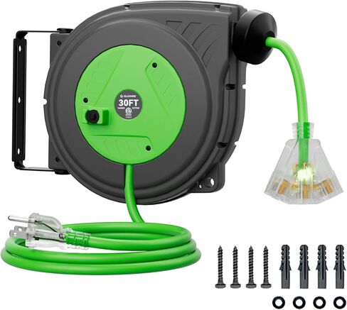 30FT Retractable Extension Cord Reel, 16AWG/3C SJTOW Heavy Duty Power Cord Reel with Lighted Triple Outlets, 10A Circuit Breaker, Lightweight Ceiling/Wall Mount Reel for Garage, ETL Listed, Blue in Saudi Arabia