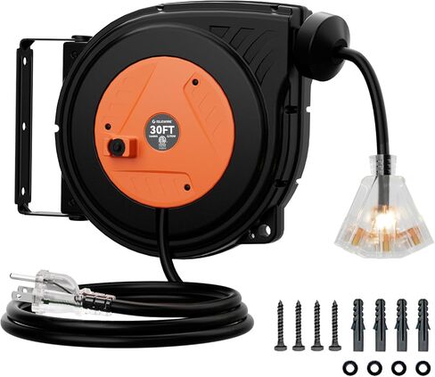 30FT Retractable Extension Cord Reel, 16AWG/3C SJTOW Heavy Duty Power Cord Reel with Lighted Triple Outlets, 10A Circuit Breaker, Lightweight Ceiling/Wall Mount Reel for Garage, ETL Listed, Blue in Saudi Arabia