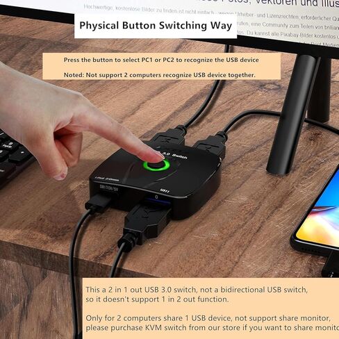 محول USB 3.0 2 في 1 مخرج، Reyoten 2 جهاز كمبيوتر يشارك 1 لوحة مفاتيح/ماوس/طابعة (2 كابلات USB متضمنة) in Kuwait