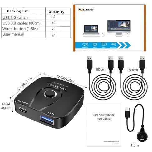 محول USB 3.0 2 في 1 مخرج، Reyoten 2 جهاز كمبيوتر يشارك 1 لوحة مفاتيح/ماوس/طابعة (2 كابلات USB متضمنة) in Kuwait