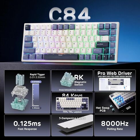 RK ROYAL KLUDGE C84 HE Rapid Trigger Gaming Keyboard, 75% TKL Wired RGB Mechanical Keyboard, Hall Effect Magnetic Switch Keyboard w/Actuation Point Adjustable, 8K Hz Polling Rate, for FPS Gamer in Saudi Arabia