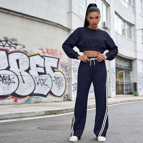 Wide Leg Sweatpants for Women, Striped Straight Leg Lounge Pants with Drawstring, Casual Relaxed Fit Sweatpants for Women in Saudi Arabia