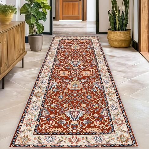 Washable 3x8 Hallway Runner Rug, Non-Slip Low Pile Cozy Kitchen Runner Rug, Navy Blue Boho Vintage Floral, Ultra Soft, Stain Resistant, Pet & Kid Friendly Rugs for Bedroom Bathroom Laundry Room in Saudi Arabia