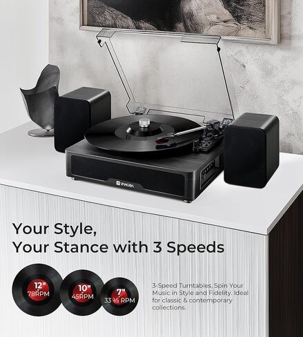 VANGOA Vinyl Record Player, 3-Speed Turntable with Bluetooth Receiver, Built-in Stereo Speakers, Black in Saudi Arabia